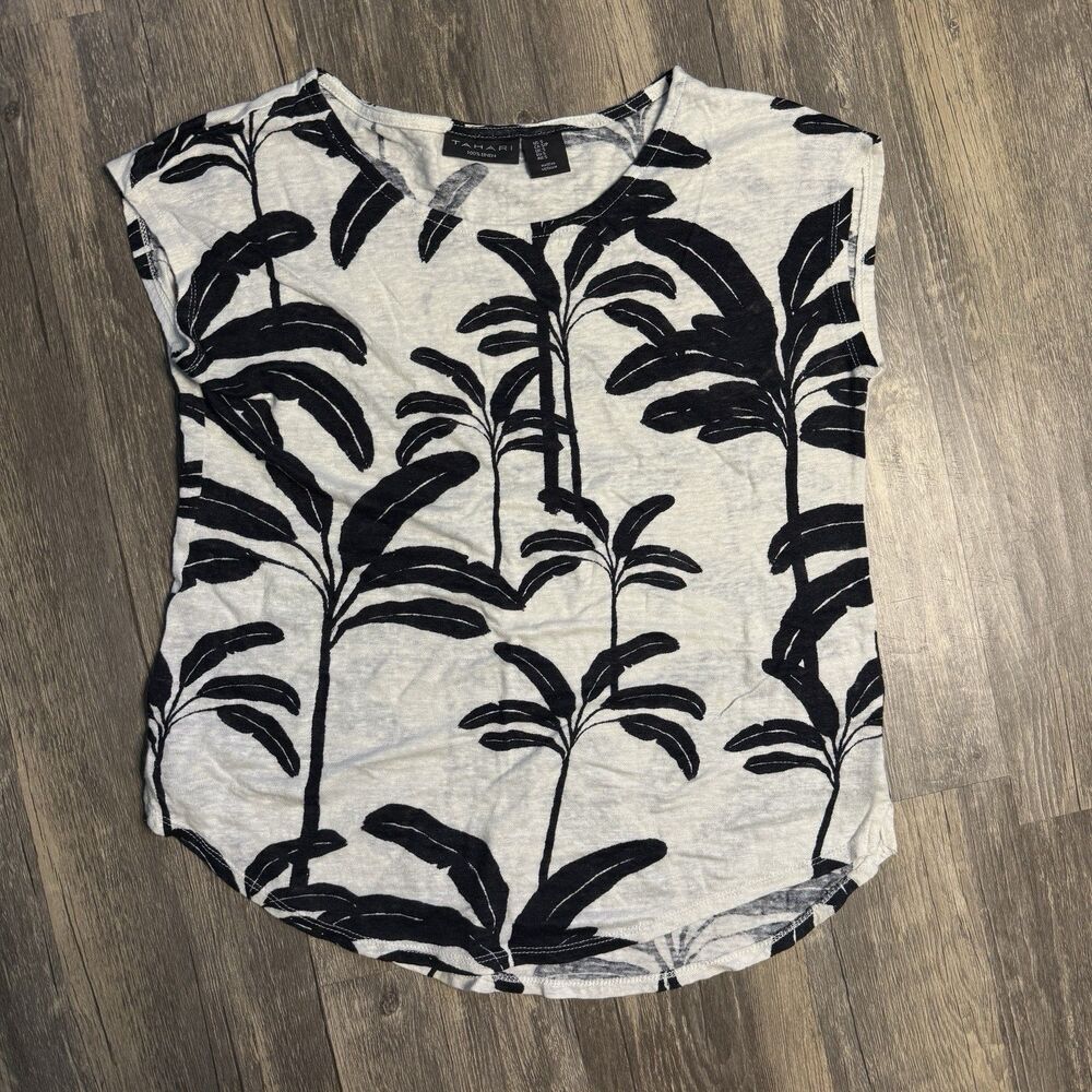 Tahari Womens S Linen Top Shirt Black White Leaf Short Sleeve Soft Comfort Light